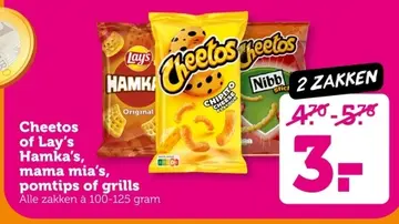 Aanbieding: Cheetos of Lay's Hamka's, mama mia's, pomtips of grills