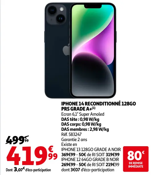 Promotie: Iphone 14 reconditionné 128go prs grade a+