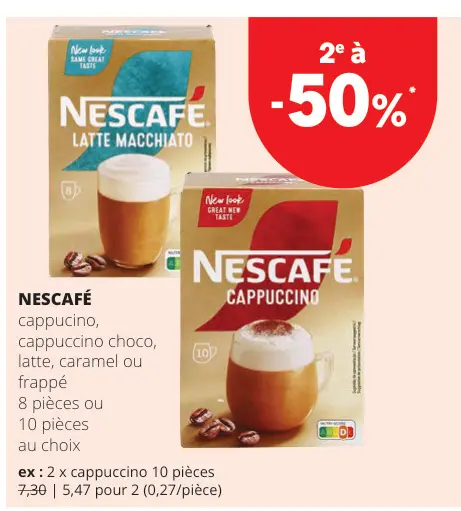 Offre: Cappucino, cappuccino choco, latte, caramel ou frappé