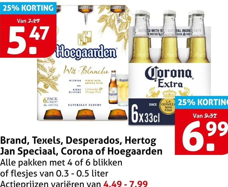 Aanbieding: Brand, Texels, Desperados, Hertog Jan Speciaal, Corona of Hoegaarden alle pakken met 4 of 6 blikken of flesjes van 0.3 - 0.5 liter