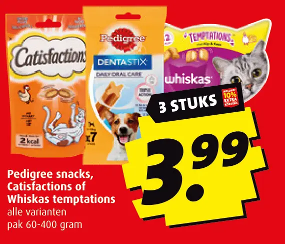 Aanbieding: Pedigree snacks, Catisfactions of Whiskas temptations
