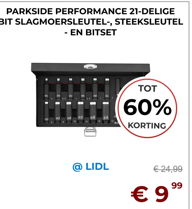 Aanbieding: 21-delige bit slagmoersleutel-, steeksleutel- en bitset