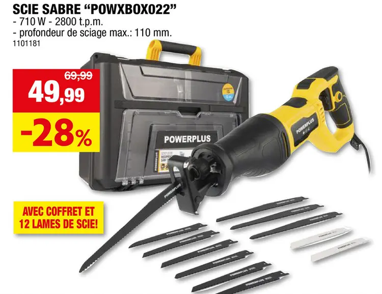 Offre: Powerplus POWXBOX022 scie sabre 710W + 12 accessoires