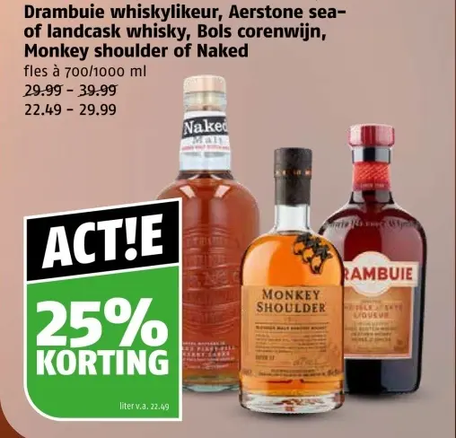 Aanbieding: Drambuie whiskylikeur, Aerstone sea-of landcask whisky, Bols corenwijn, Monkey shoulder of Naked