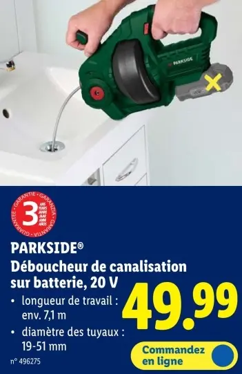 Offre: Déboucheur de canalisation sur batterie, 20 V