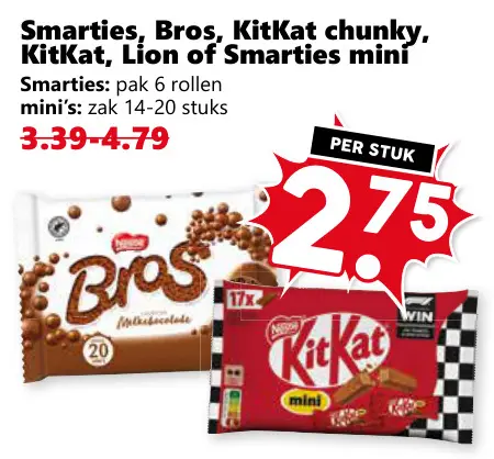 Aanbieding: Smarties, Bros, KitKat chunky, KitKat, Lion of Smarties mini