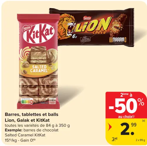 Offre: Barres, tablettes et balls Lion, Galak et KitKat