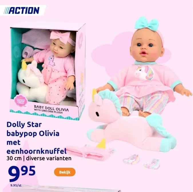 Aanbieding: Dolly Star babypop Olivia met eenhoornknuffel