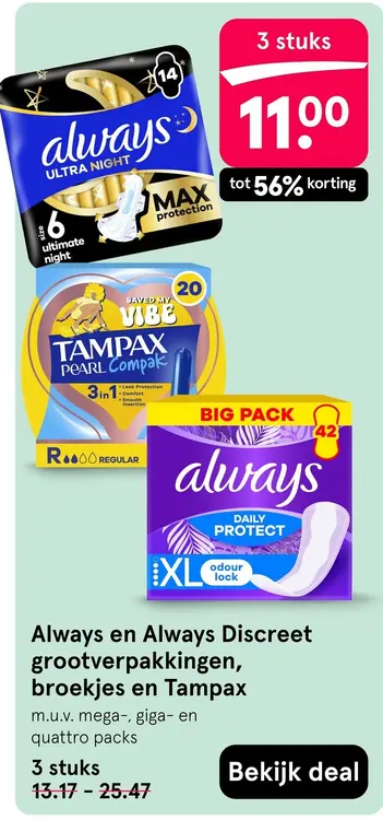Aanbieding: Grootverpakkingen, broekjes en Tampax
