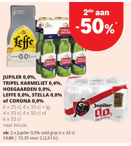 Promotie: Jupiler 0,0%, Tripel Karmeliet 0,4%, Hoegaarden 0,0%, Leffe, Stella of Corona