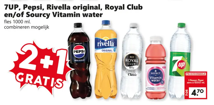 Aanbieding: 7UP, Pepsi, Rivella original, Royal Club en/of Sourcy Vitamin Water