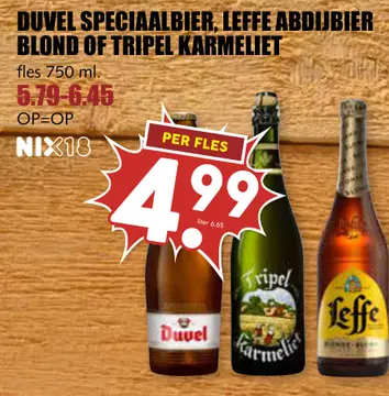 Aanbieding: Duvel speciaalbier, Leffe abdijbier blond of Tripel Karmeliet