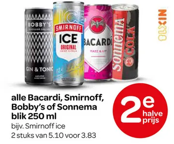 Aanbieding: alle Bacardi, Smirnoff, Bobby's of Sonnema blik 250ml
