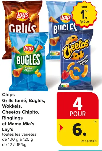 Offre: Chips Grills, Bugles, Wokkels, Cheetos, Ringlings et Mama Mia's