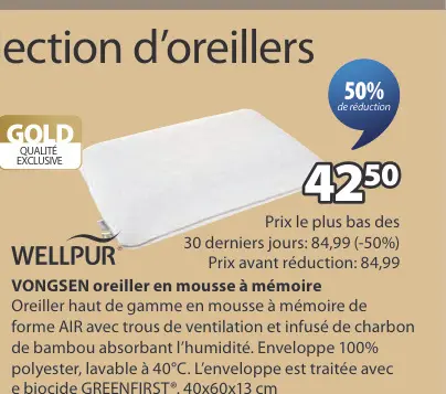 Offre: VONGSEN oreiller en mousse à mémoire