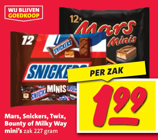 Aanbieding: Mars, Snickers, Twix, Bounty of Milky Way mini's