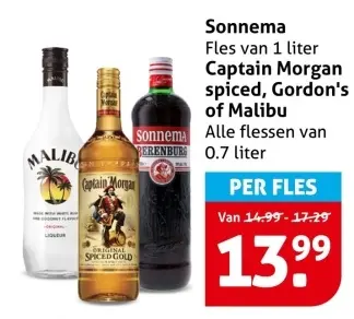 Aanbieding: Sonnema, Captain Morgan spiced, Gordon's of Malibu