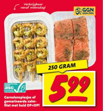 Aanbieding: Garnalenspiesjes of gemarineerde zalmfilet met huid