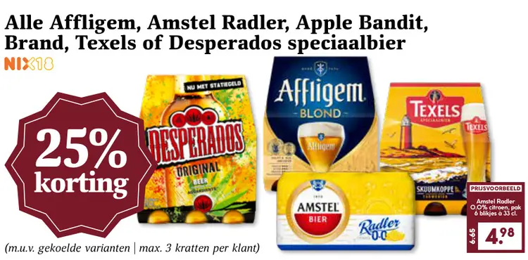 Aanbieding: Alle Affligem, Amstel Radler, Apple Bandit, Brand, Texels of Desperados speciaalbier