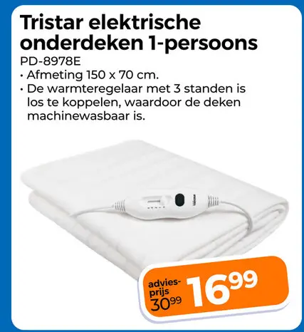 Aanbieding: Tristar elektrische onderdeken 1-persoons