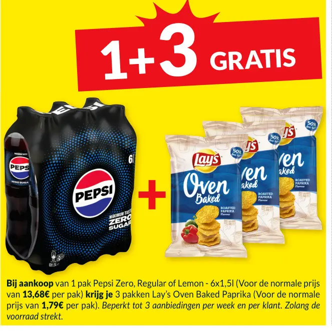 Promotie: Pepsi Zero, Regular of Lemon - 6x1,5l + Lay's