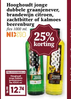 Aanbieding: jonge dubbele graanjenever, brandewijn citroen, zachtbitter of kalmoes beerenburg