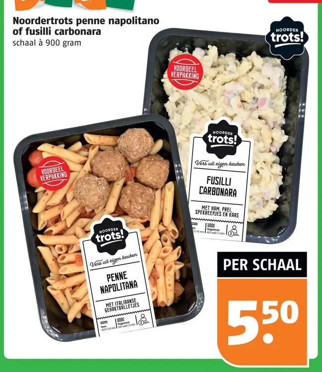 Aanbieding: Penne Napolitano of Fusilli Carbonara