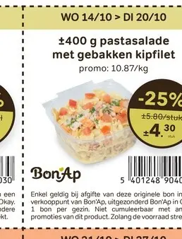Promotie: Bon'Ap Pastasalade met gebakken kipfilet