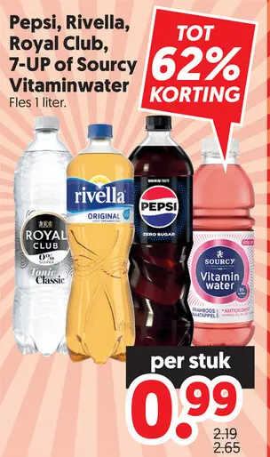 Aanbieding: Pepsi, Rivella, Royal Club, 7-UP of Sourcy Vitaminwater