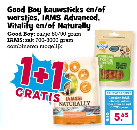 Aanbieding: Good Boy kauwsticks en/of worstjes, IAMS Advanced, Vitality en/of Naturally