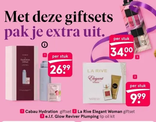 Aanbieding: Cabau Hydration giftset, La Rive Elegant Woman giftset of e.l.f. Glow Reviver Plumping lip oil kit
