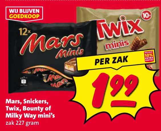 Aanbieding: Mars, Snickers, Twix, Bounty of Milky Way min