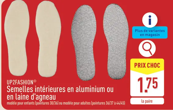 Offre: Semelles intérieures en aluminium ou en laine d'agneau