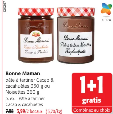 Offre: Pâte à tartiner Cacao & cacahuètes ou Noisettes