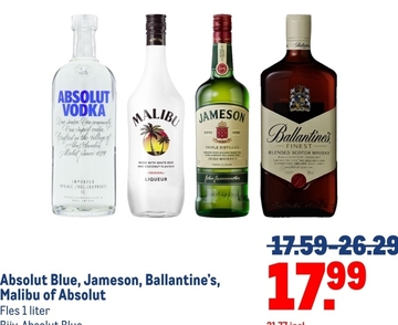 Aanbieding: Absolut Blue, Jameson, Ballantine's, Malibu o