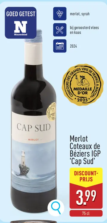 Promotie: Merlot Coteaux de Béziers IGP 'Cap Sud'