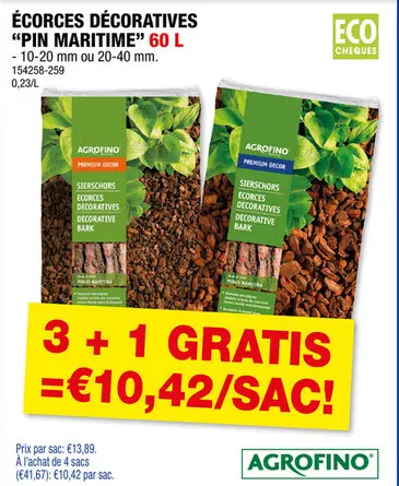 Offre: Agrofino Premium Decor écorces décoratives 10-20 mm 60l pinus maritima