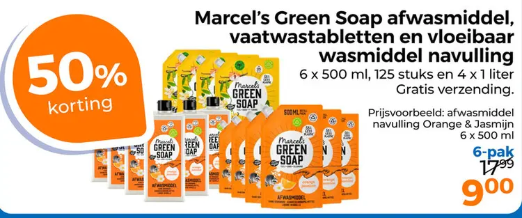 Aanbieding: Marcel's Green Soap afwasmiddel, vaatwastabletten en vloeibaar wasmiddel navulling