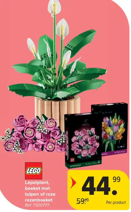 Promotie: Lepelplant, boeket met tulpen of roze rozenboeket