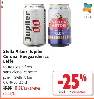 Offre: Stella Artois, Jupiler, Corona, Hoegaarden ou Leffe