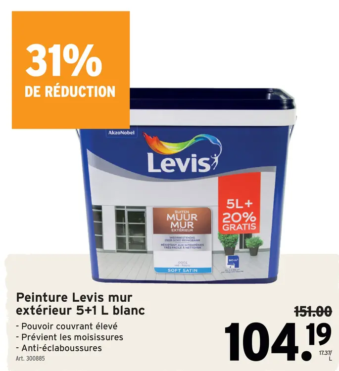 Offre: Peinture Levis mur extérieur 5+1 L blanc