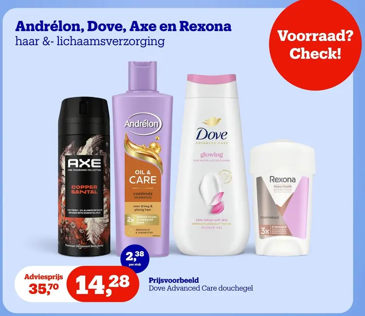 Aanbieding: Andrélon, Dove, Axe en Rexona haar &- lichaam