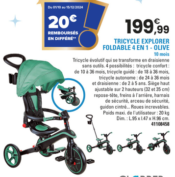 Offre: TRICYCLE EXPLORER FOLDABLE 4 EN 1 - OLIVE