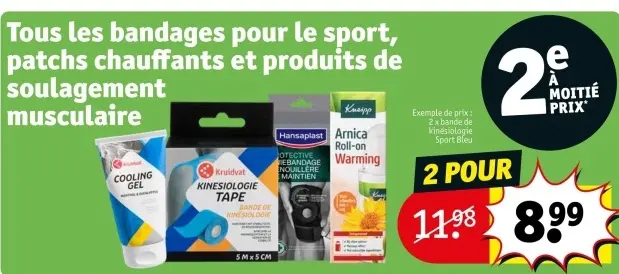 Offre: Bandages pour le sport, patchs chauffants et produits de soulagement musculaire 