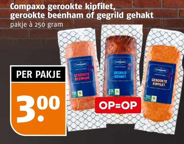 Aanbieding: Compaxo gerookte kipfilet, gerookte beenham of gegrild gehakt