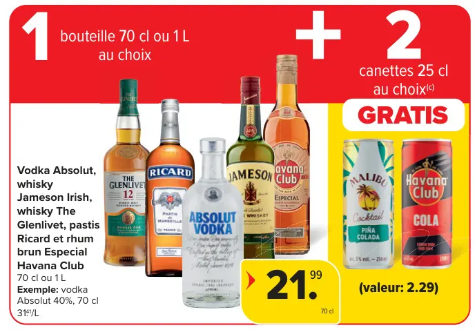 Offre: Vodka, whisky, pastis ou rhum brun