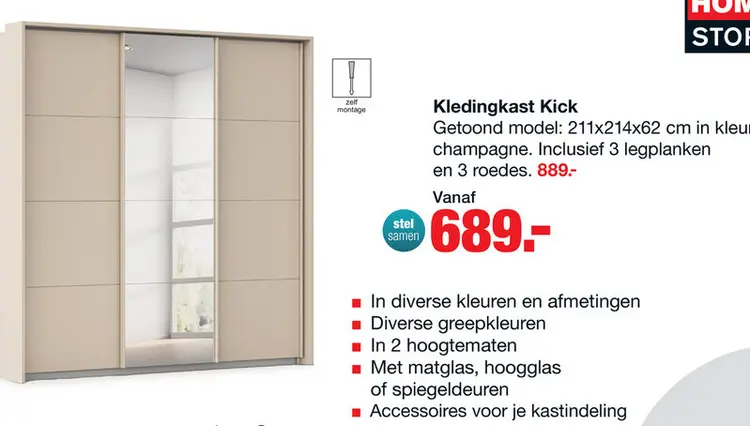 Aanbieding: Kledingkast Kick B211xH214cm Champagne incl. passe-partout, 3 legplanken en 3 roedes