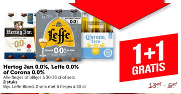 Aanbieding: Hertog Jan 0.0 % , Leffe 0.0 % of Corona 0.0 % 1 + 1 GRATIS