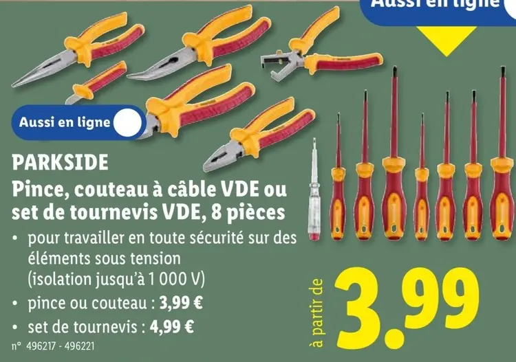 Offre: Pince, couteau à câble VDE ou set de tournevis
