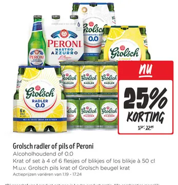 Aanbieding: Grolsch radler of pils of Peroni